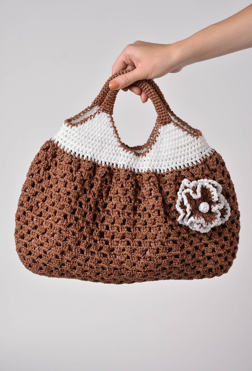 Crocheted female handbag stylish brown with flower handmade designer purse  photo 2