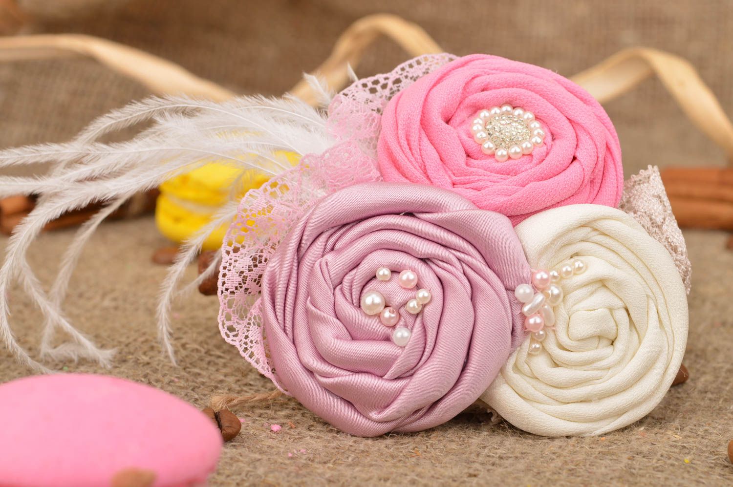 Handmade stylish beautiful hair clip brooch with flower made of fabric  photo 1