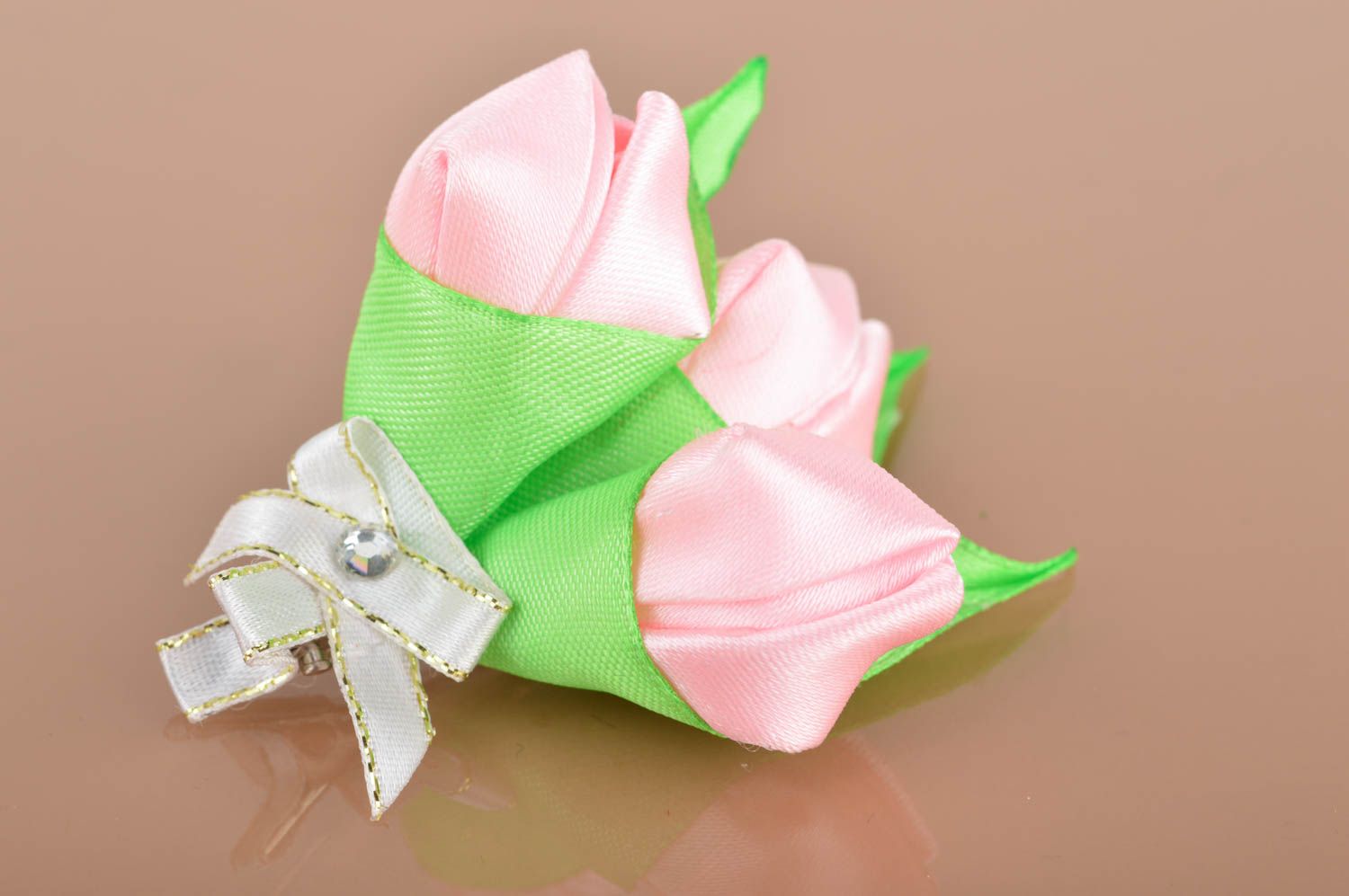 Handmade designer decorative hair clip with three pink satin kanzashi flowers  photo 5