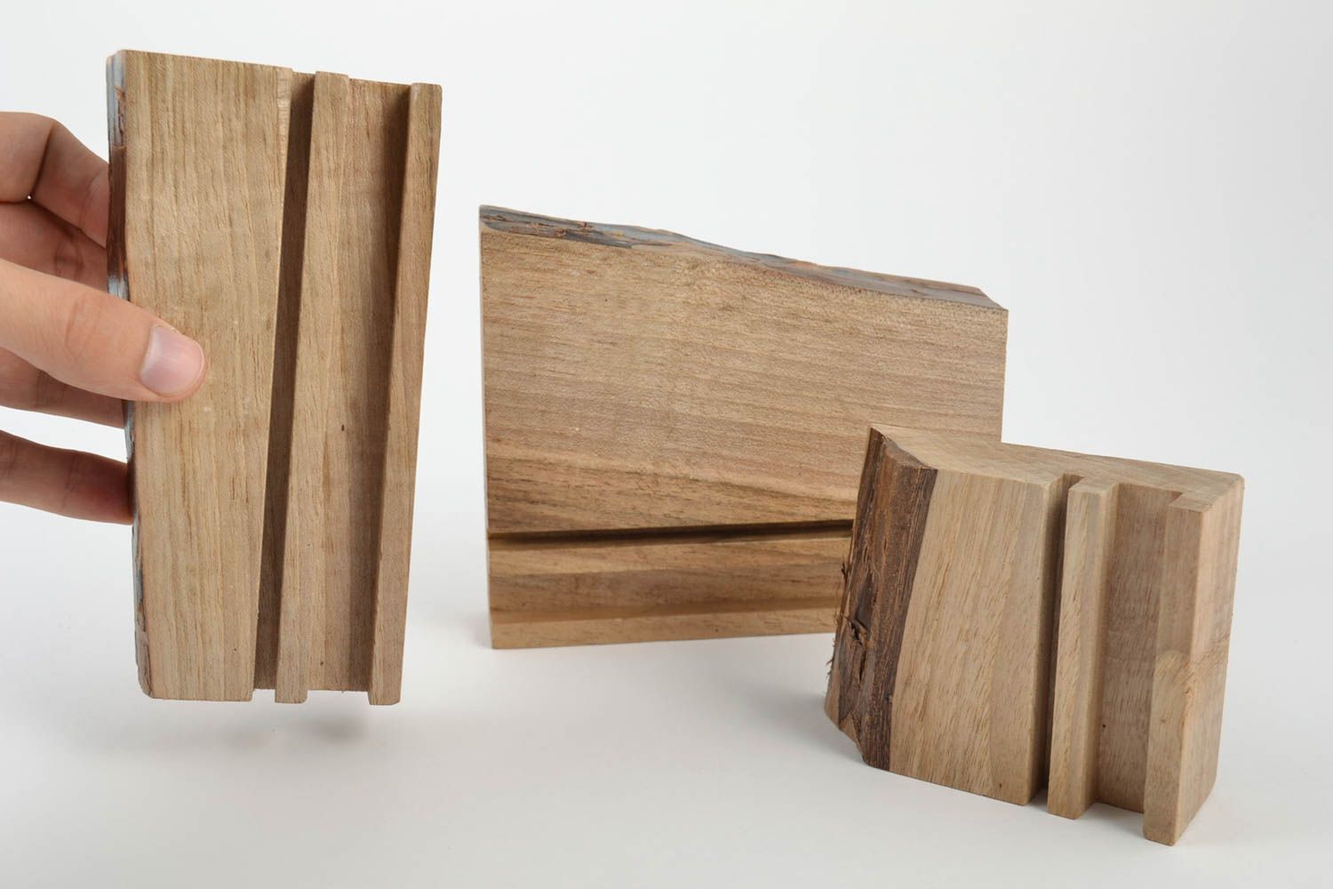 Set of 3 handmade designer wooden varnished holders for tablet and smartphone photo 5
