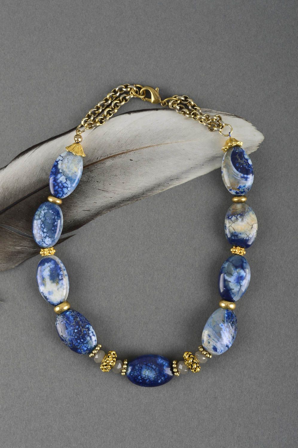 Unique natural stones designer necklace handmade bijouterie present for woman photo 1