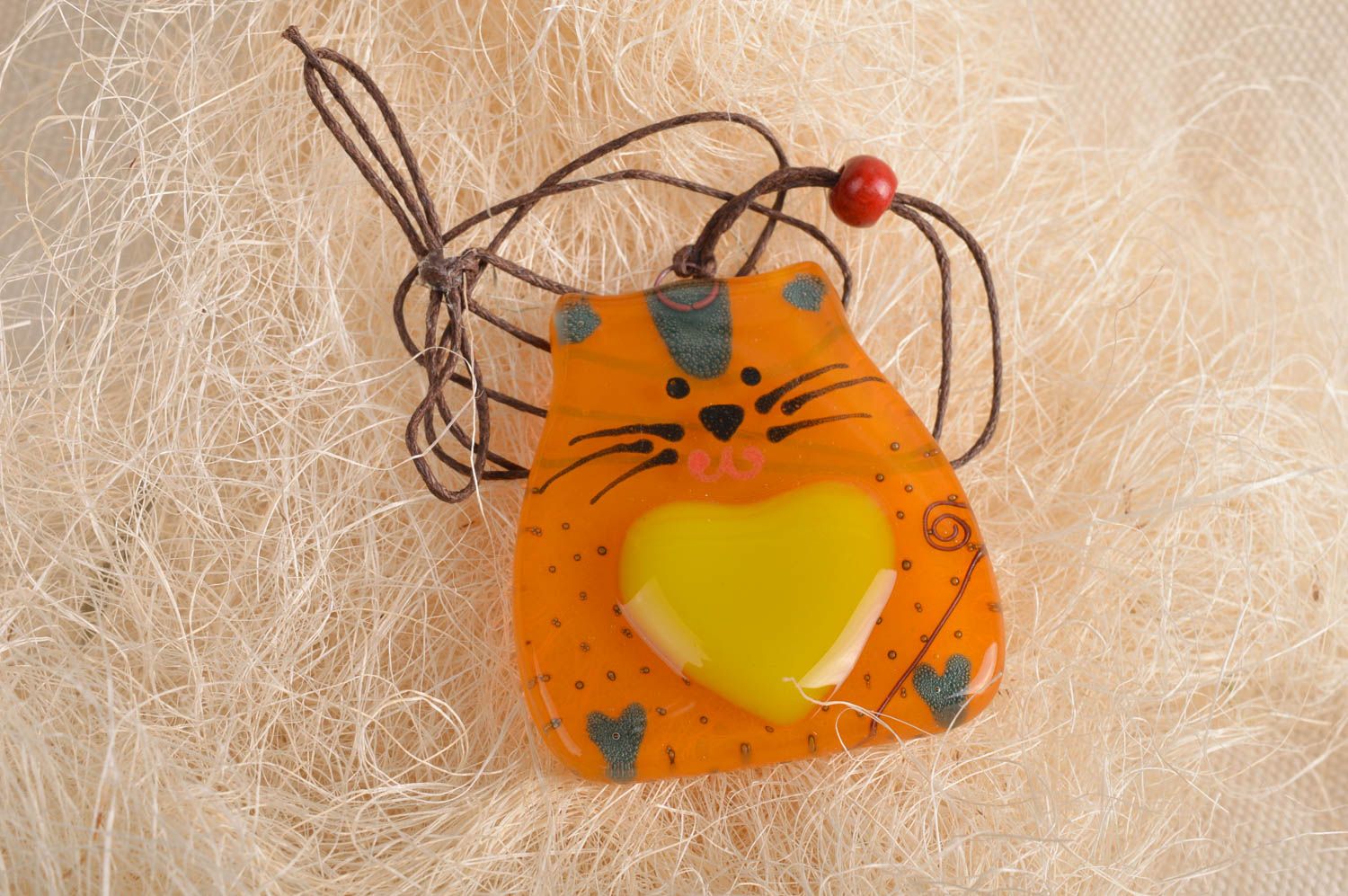 Handmade orange glass wall pendant for home made using fusing technique cats photo 1
