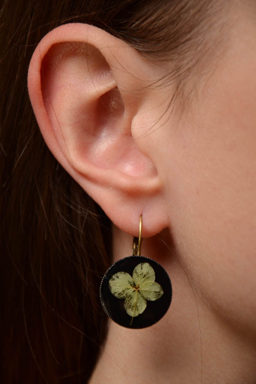 Beautiful handmade designer round earrings with dried flowers and epoxy photo 2