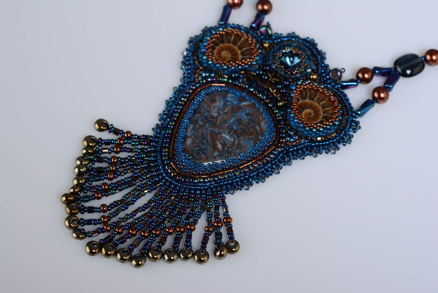 Big pendant with natural stone beads and ammonites handmade blue and brown photo 2