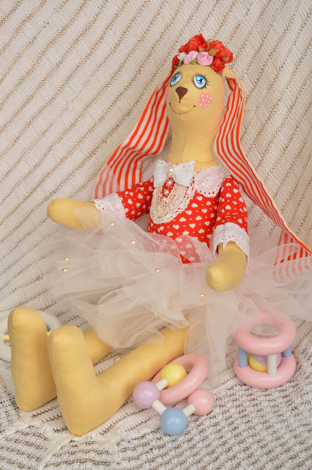 Designer handmade soft toy unusual cotton rabbit cute present for kids photo 1