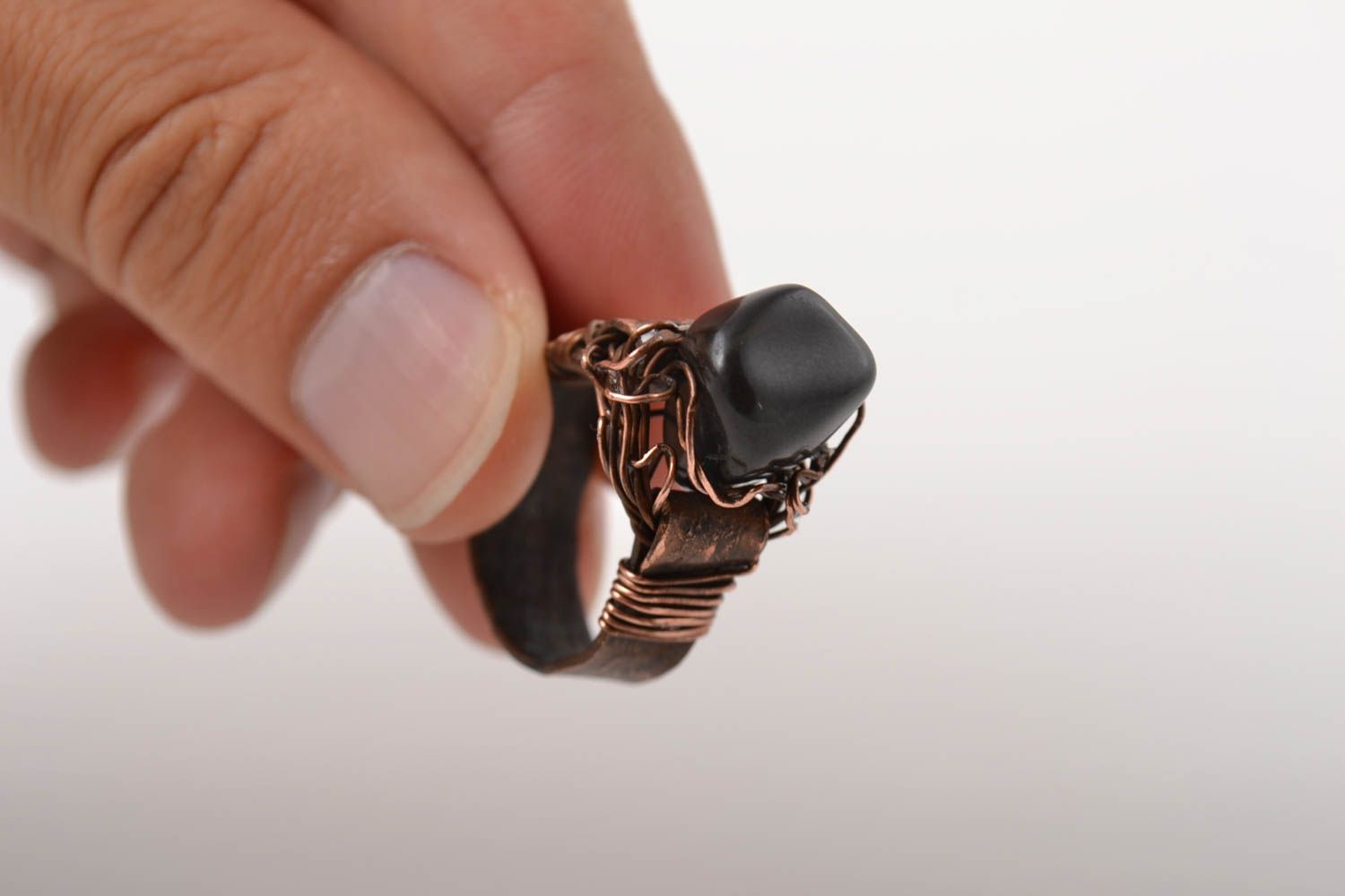 Handmade schöner Kupfer Ring Designer Schmuck Ring mit Stein Achat schwarz foto 3