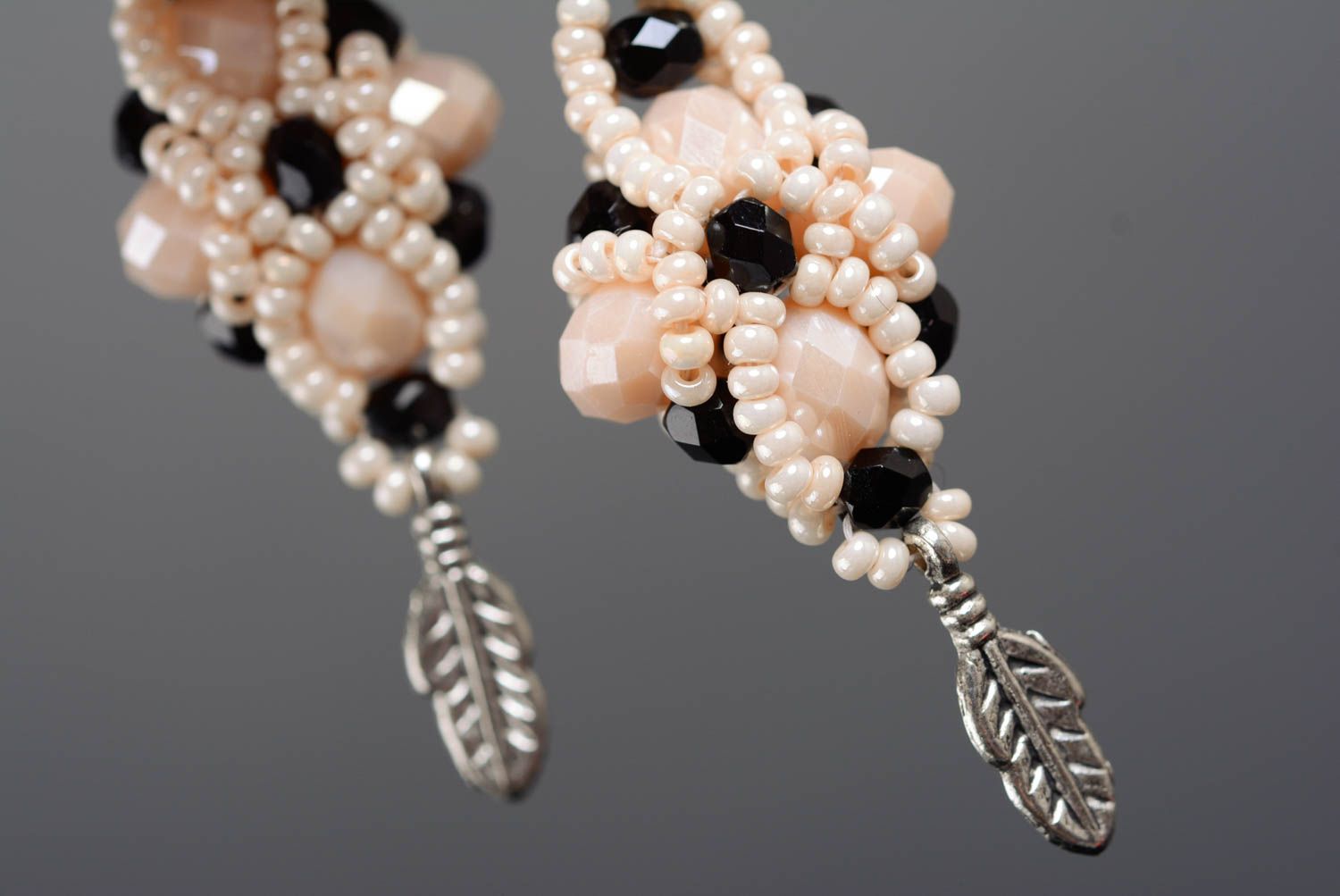 Pink and black handmade designer long earrings woven of Czech and crystal beads photo 4