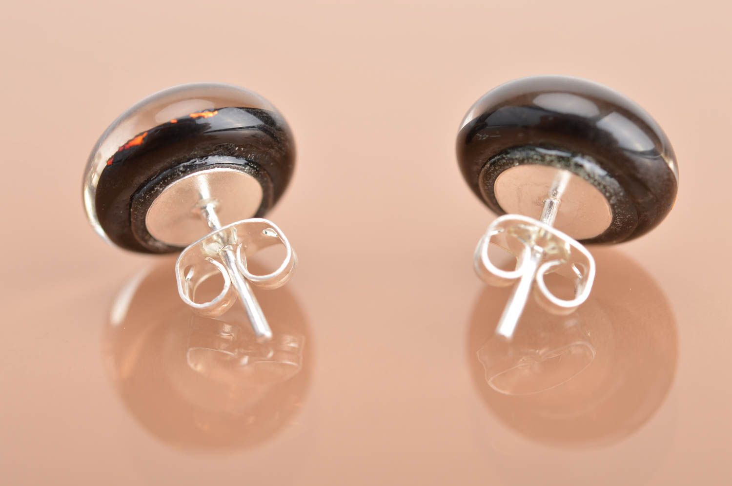Handmade designer round small stud dichroic glass earrings Sands of Sahara photo 4