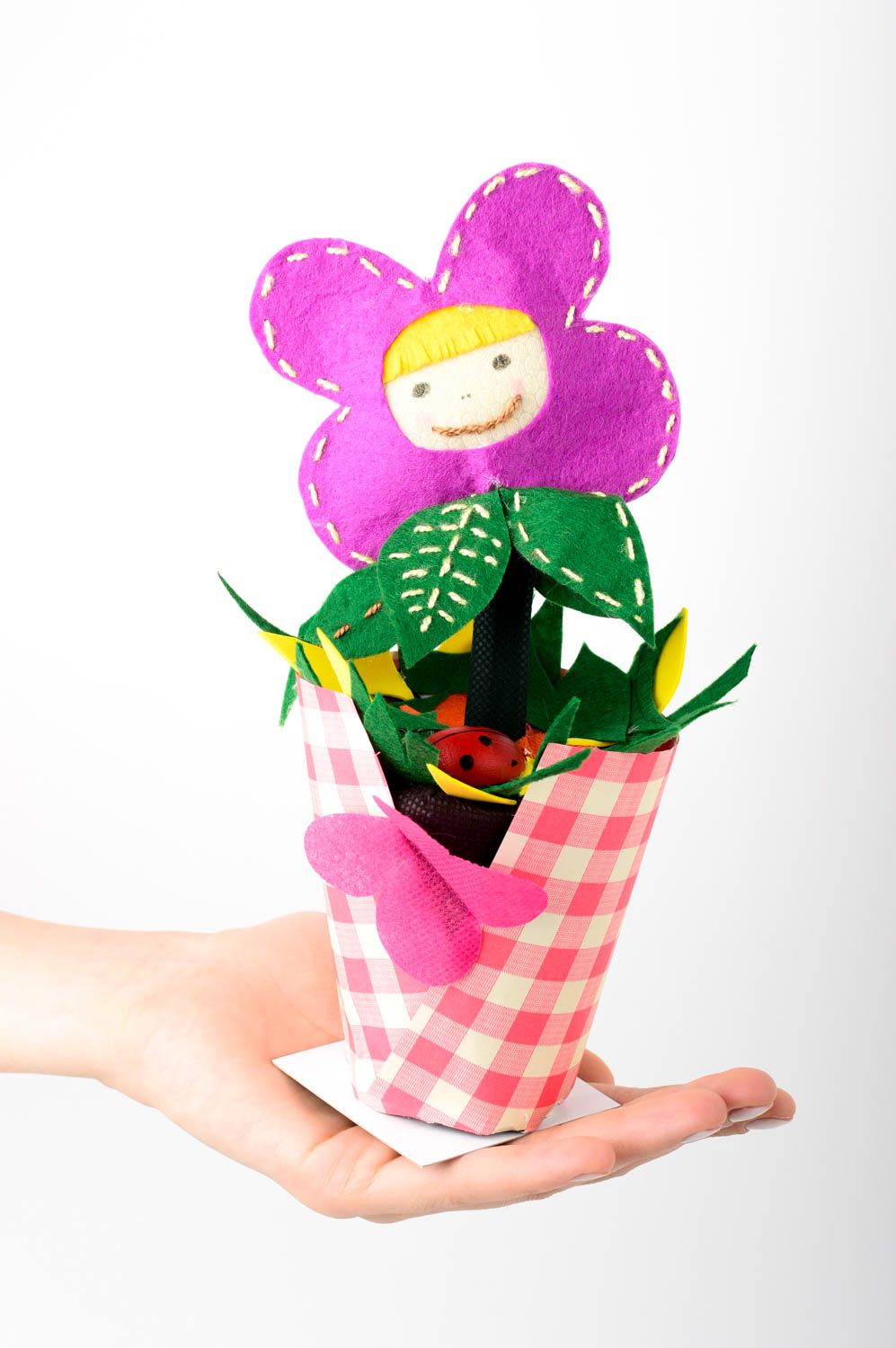 Peluche faite main Jouet enfant Cadeau original pot avec fleur design feutre photo 2
