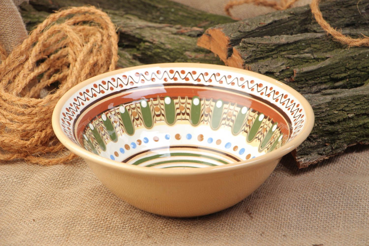 Handmade large clay salad bowl with colored glaze painting 1300 ml photo 1