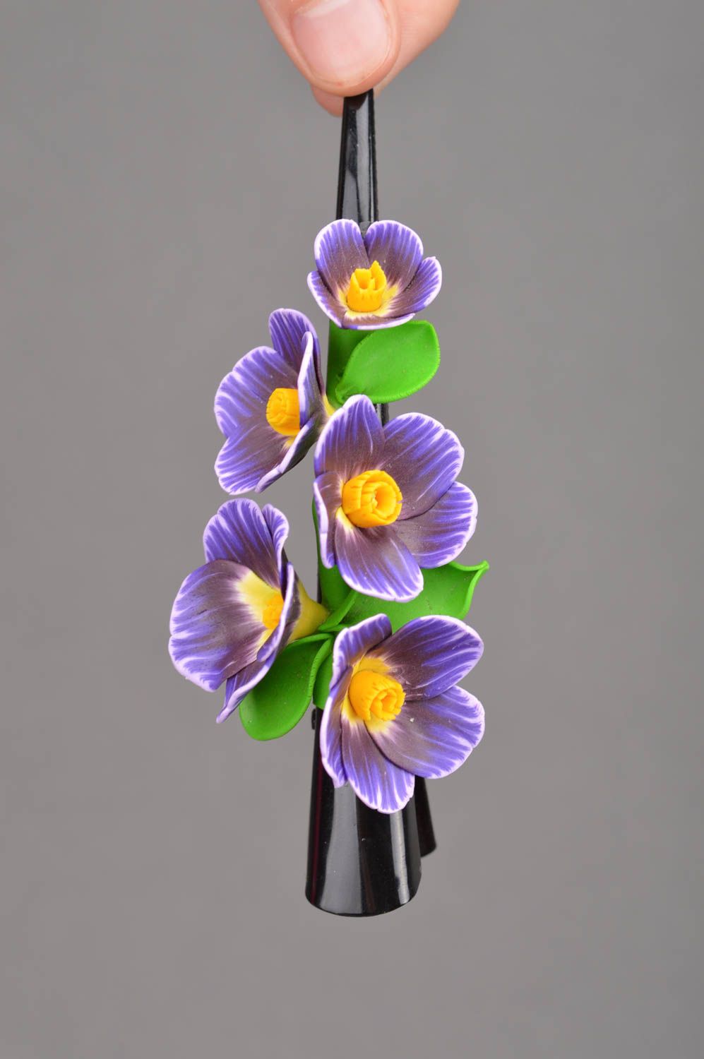Handmade stylish hair clips made of polymer clay set with violet flowers photo 2