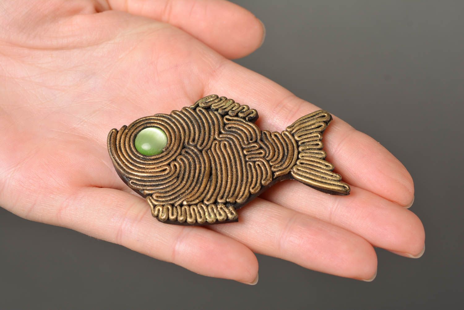 Beautiful handmade brooch of polymer clay in the shape of fish with bead photo 3
