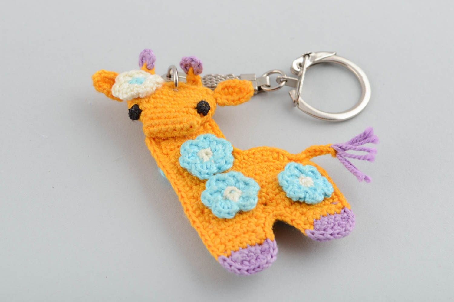 Keychain with soft giraffe toy cute little yellow crocheted handmade accessory photo 3
