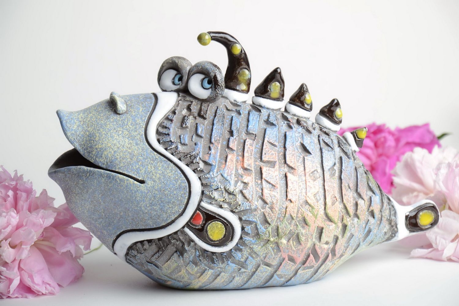 Handmade designer ceramic figurine painted with pigments exotic fish for home photo 1