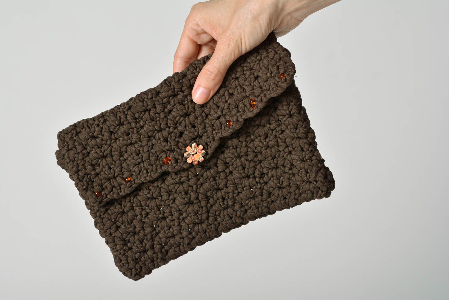 Handmade designer dark soft clutch bag crocheted of acrylic threads cute bag photo 2