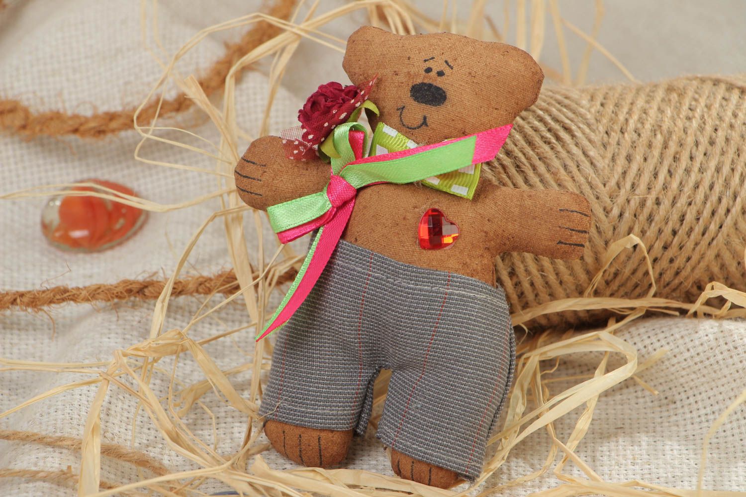 Handmade decorative soft toy fridge magnet made of fabric Bear with aroma photo 1