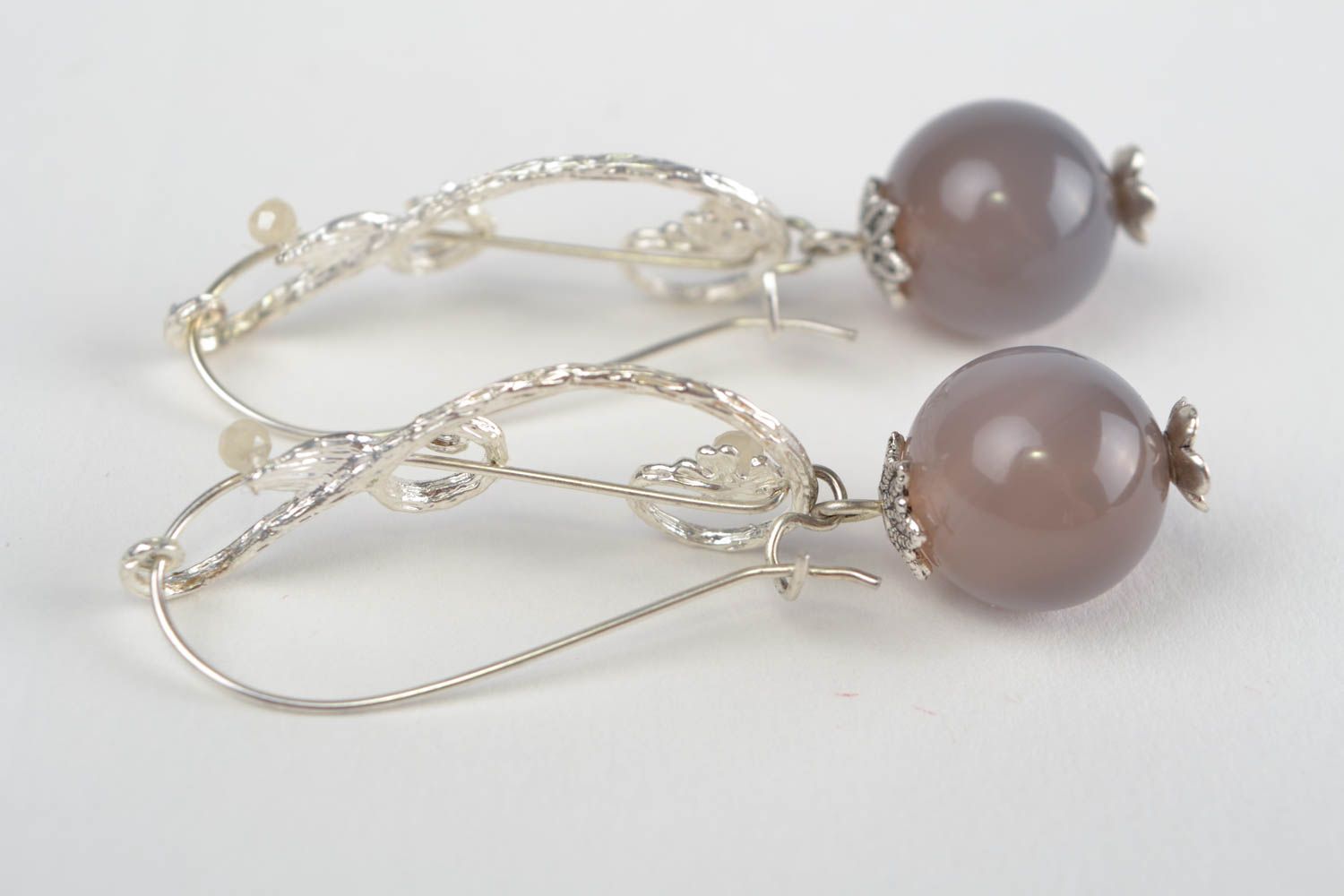 Handmade exquisite dangling earrings with fancy fittings and gray agate beads photo 3