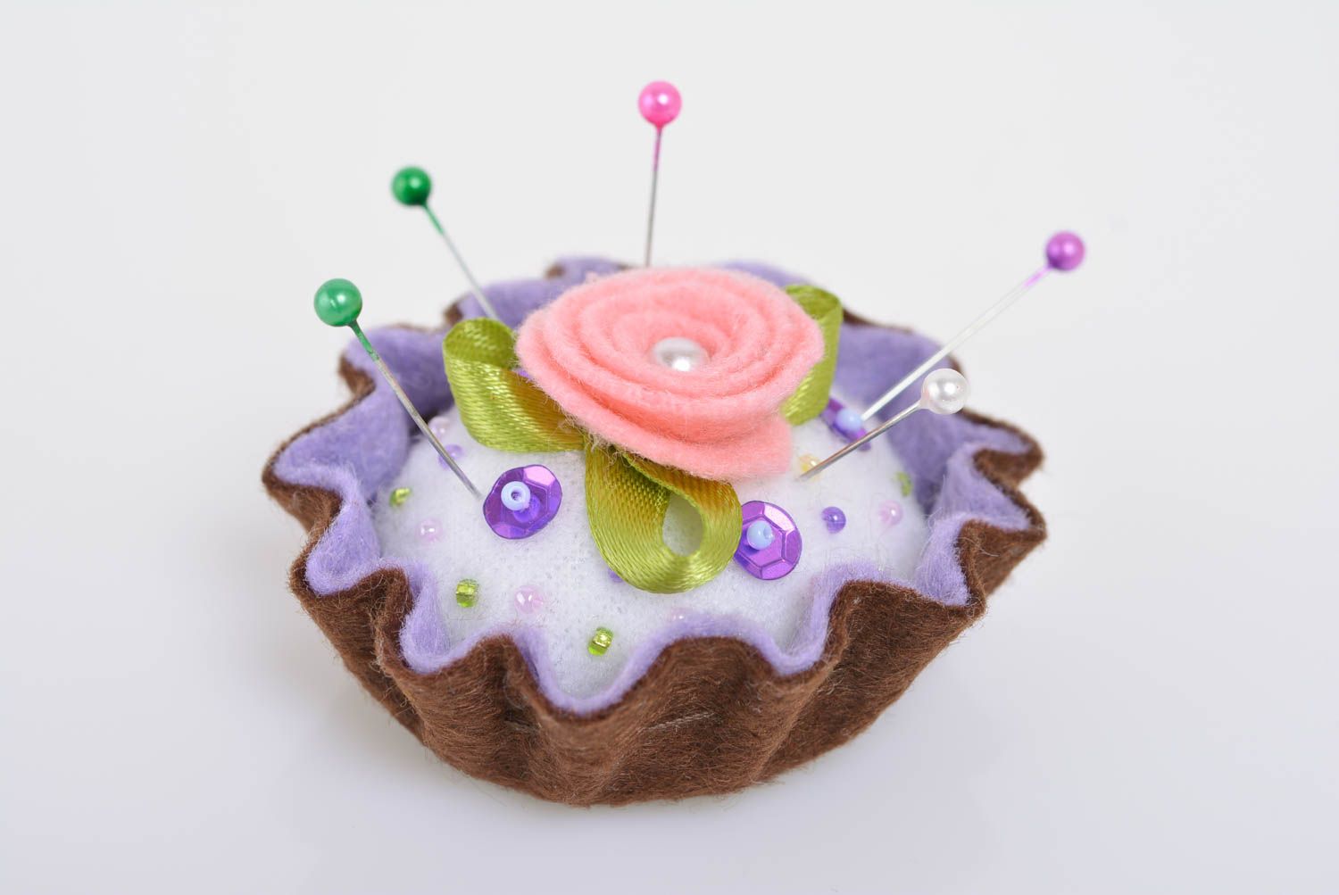 Handmade designer decorative felt pincushion in the shape of colorful cake photo 1