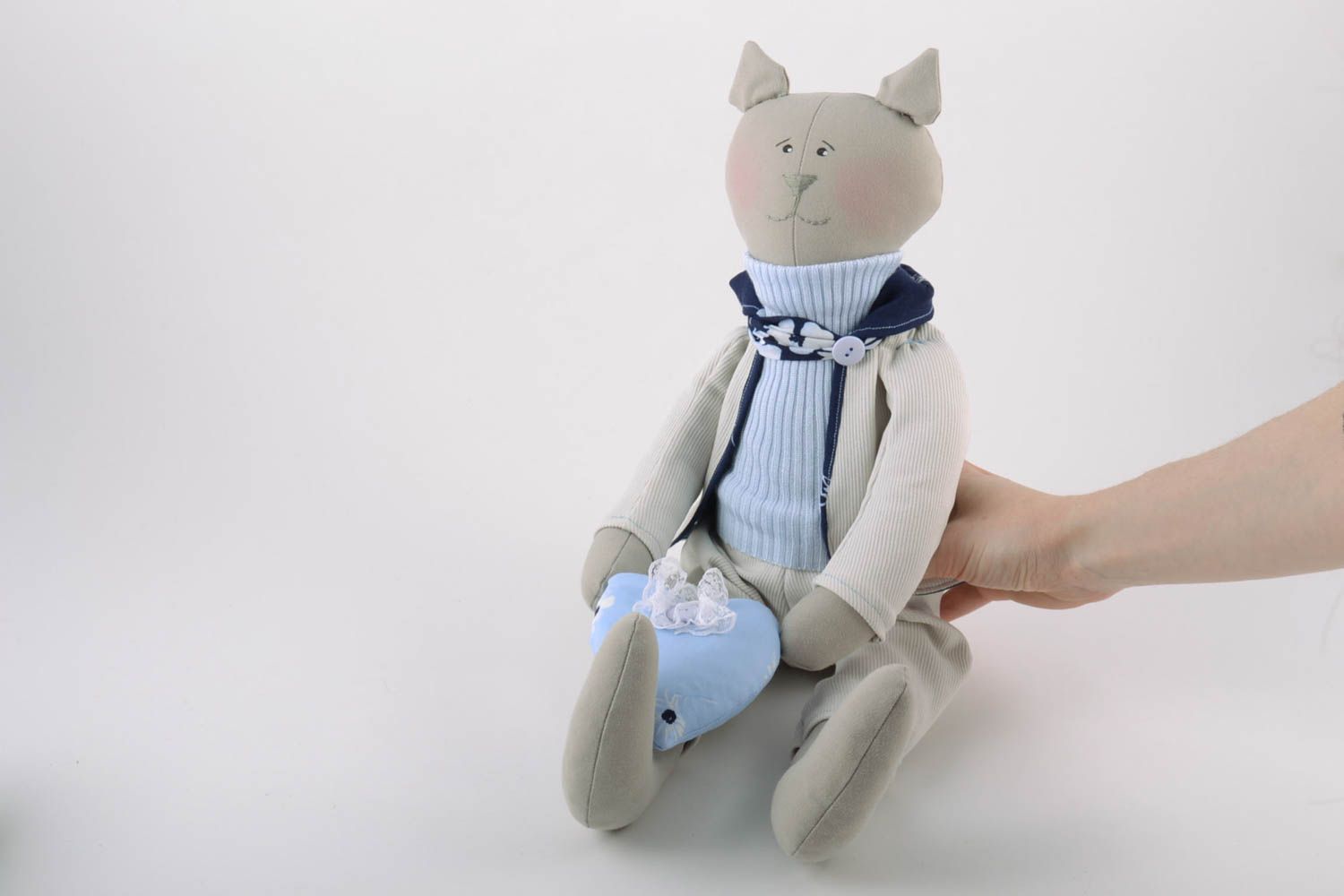 Handmade designer fabric soft toy cat with soft heart in blue color palette photo 2