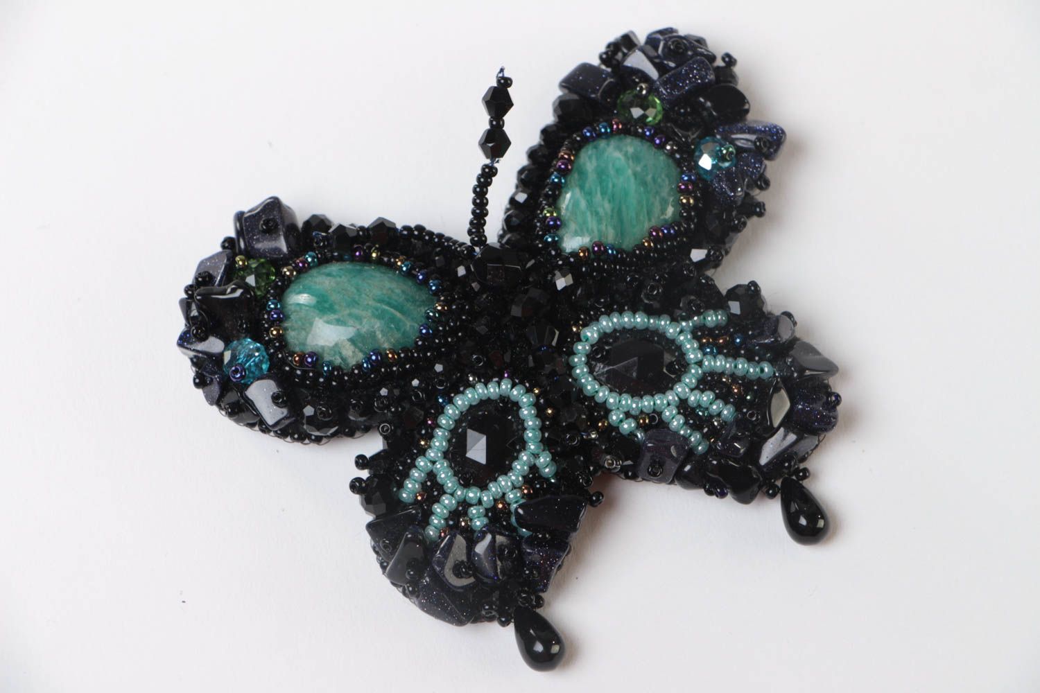 Women's handmade beaded brooch with natural amazonite stone Butterfly photo 2