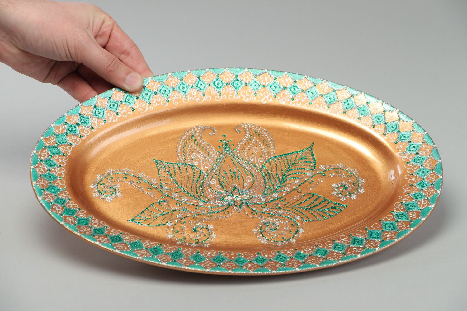 Handgemachter ovaler großer Designer Teller mit Bemalung für Dekoration der Küche  foto 4