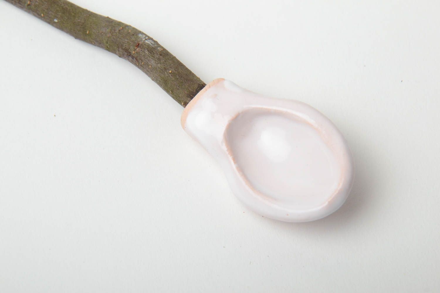 Pink handmade designer glazed spoon for spices created of clay and apricot tree branch photo 4