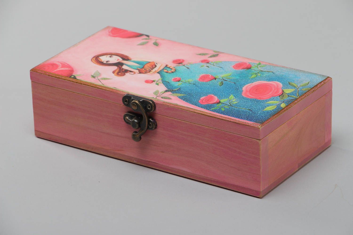 Boîte à bijoux en bois rose peinte à l'acrylique avec princesse faite main photo 4