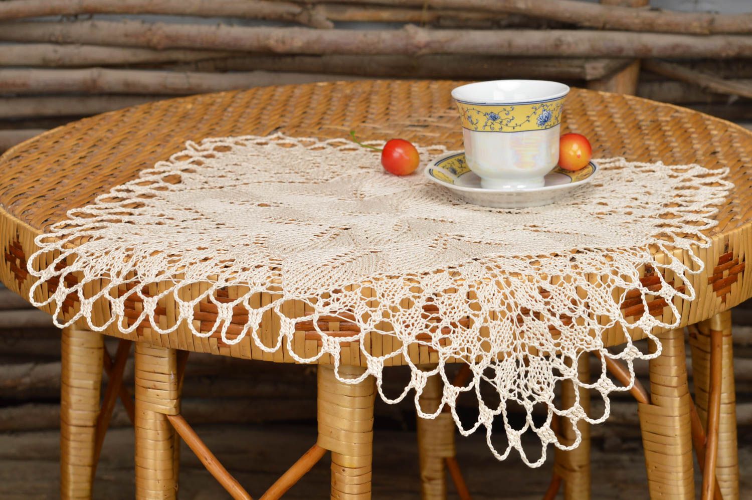 Handmade square crochet cotton decorative table napkin of cream color photo 1