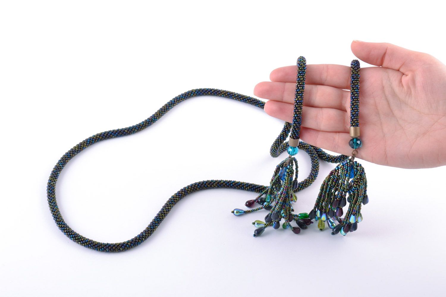 Handmade dark transformer jewelry belt and necklace woven of beads with tassels photo 2