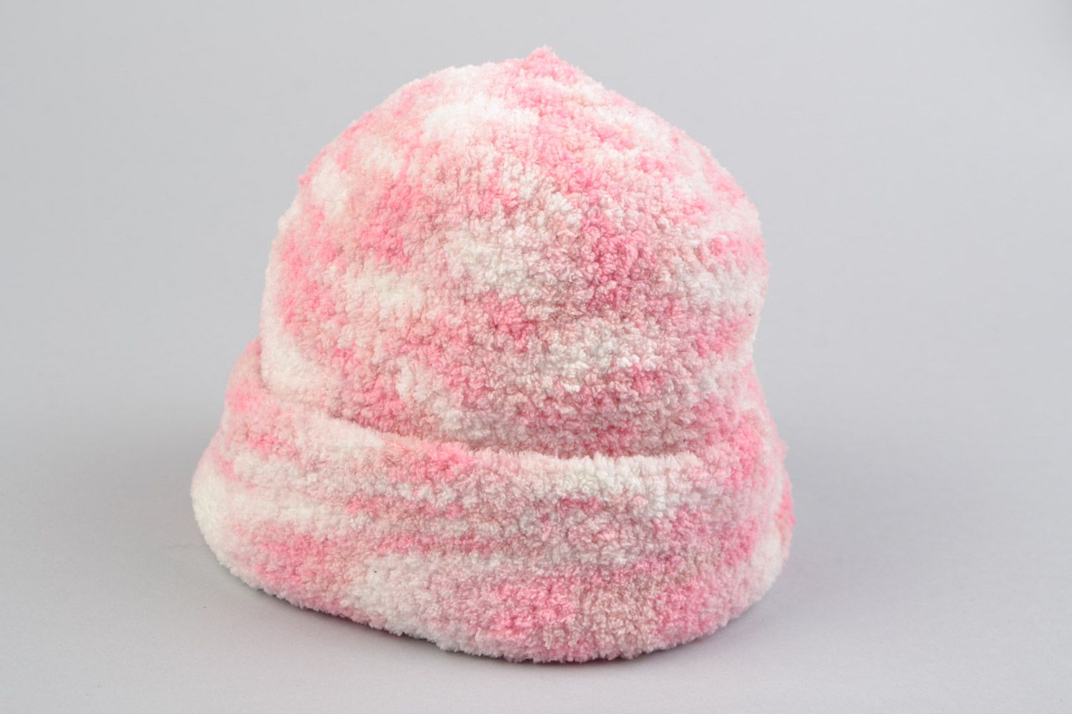 Bonnet d'hiver enfant tricoté au crochet en microfibre rose fait main extensible photo 1