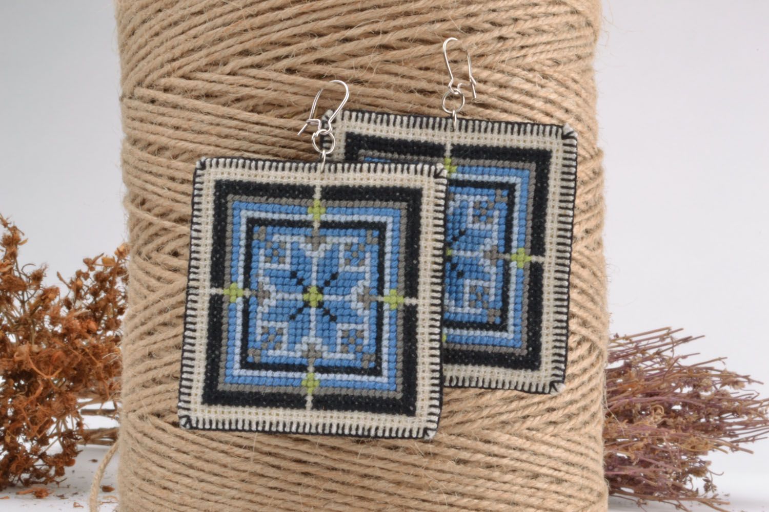 Embroidered earrings in blue  photo 1