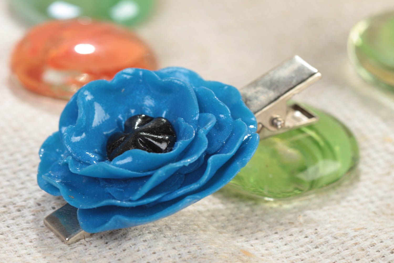 Handmade small decorative hair clip on metal basis with blue polymer clay flower photo 1