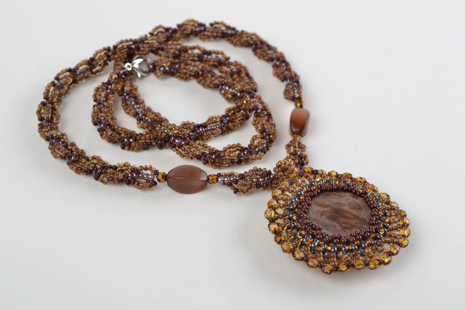 Handmade beaded pendant with natural stones long brown designer accessory photo 5
