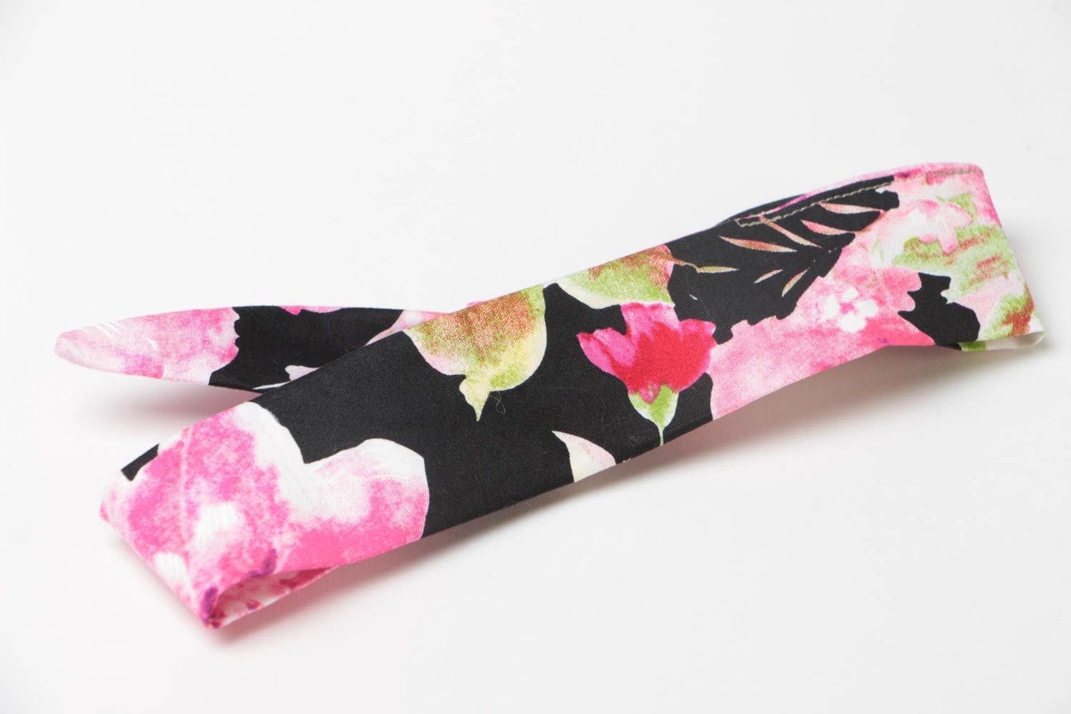 Bandeau à cheveux noeud tissu coton noir avec fleurs roses original fait main photo 2