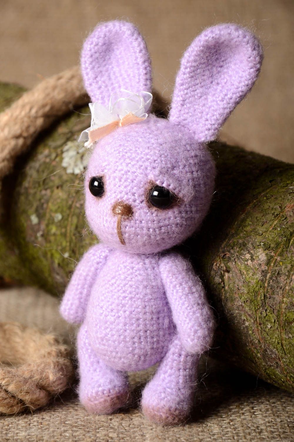 Knitted stuffed violet rabbit toy for baby girl with long ears. 6,6 inches tall photo 1