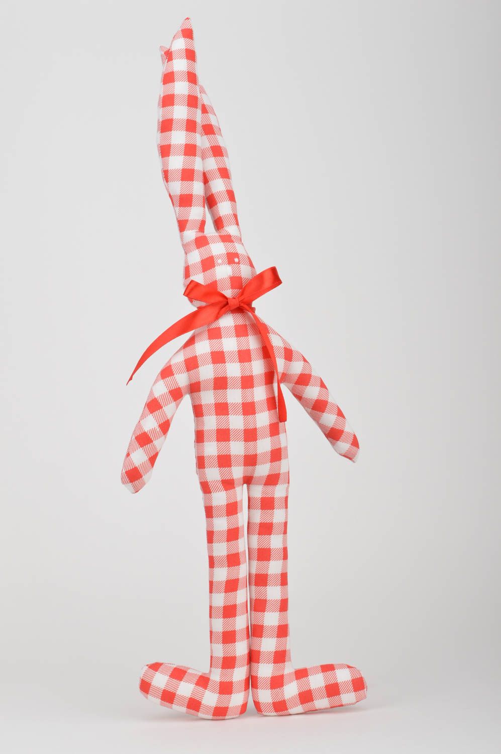 Beautiful handmade designer red checkered cotton fabric soft toy Hare for kids photo 2