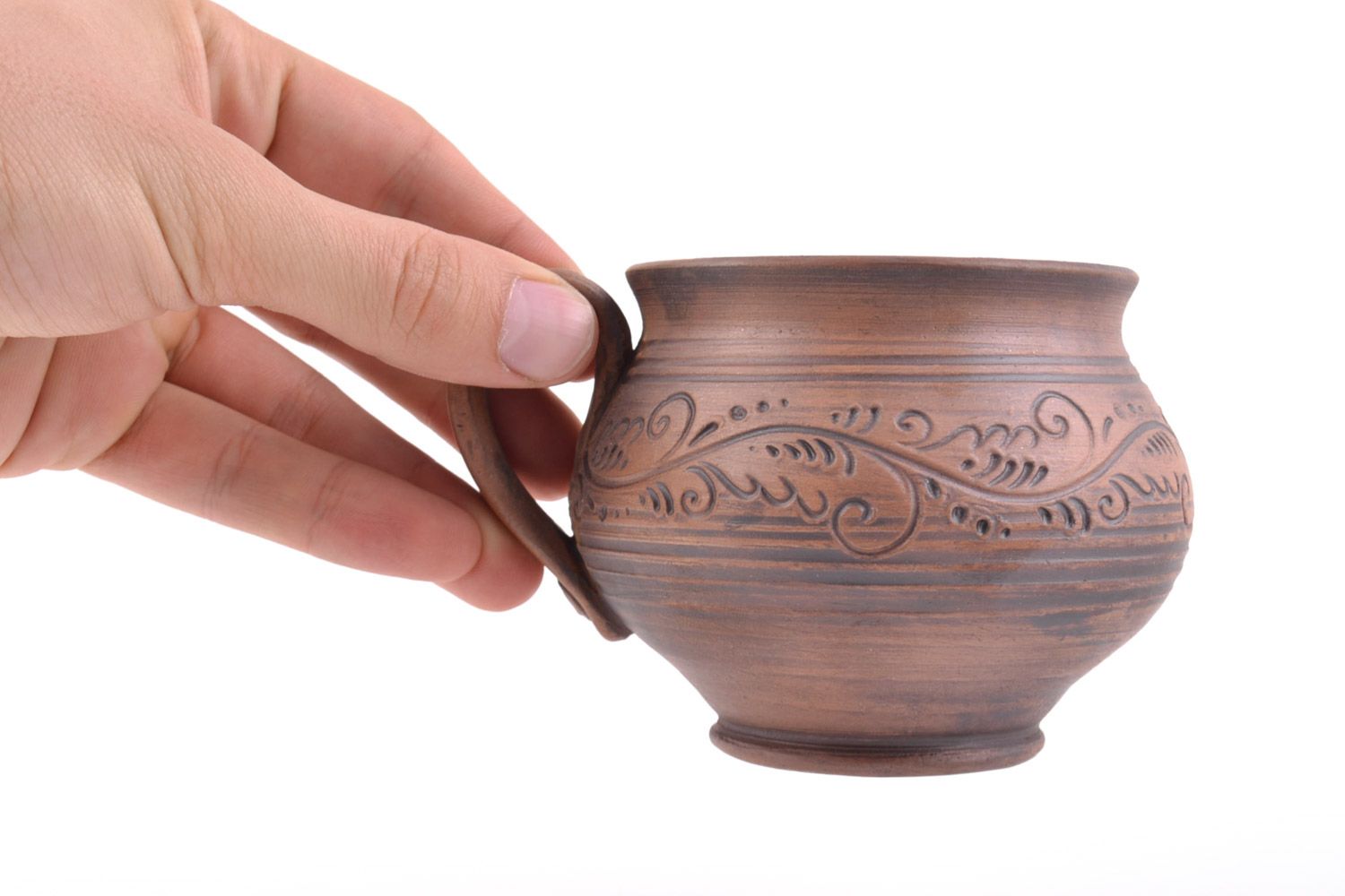 6 oz clay pot-shaped Ukrainian style coffee cup with handle and handmade pattern photo 2