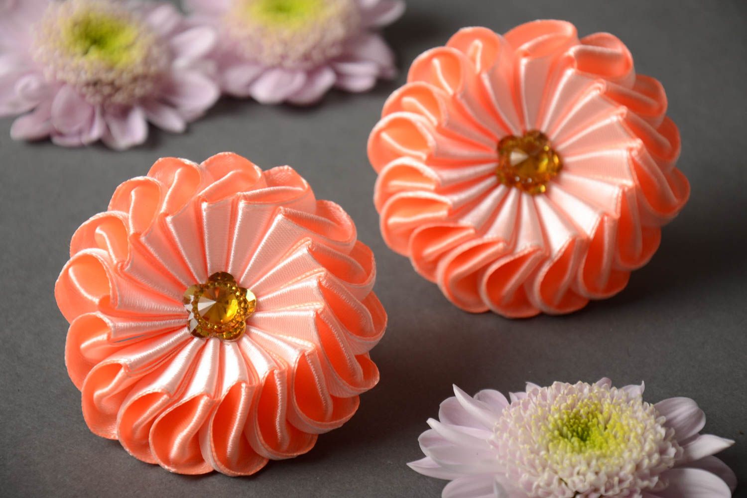 Set of 2 designer homemade hair bands with peach colored ribbon kanzashi flowers photo 1