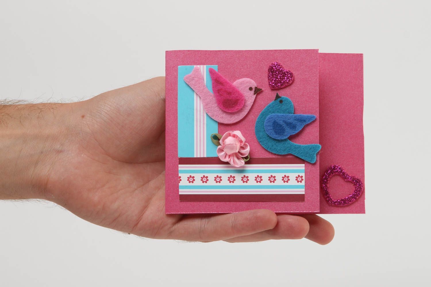 Tarjeta de felicitación rosada con pájaros postal hecha a mano regalo original foto 5