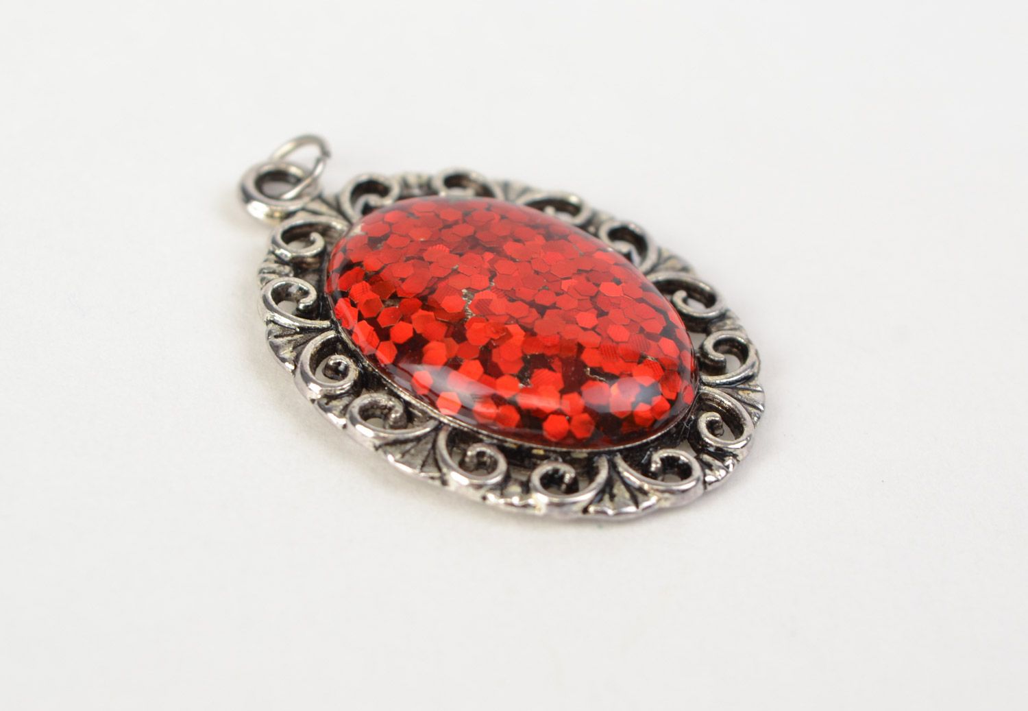 Handmade oval jewelry glaze pendant in red color with vintage metal basis photo 5
