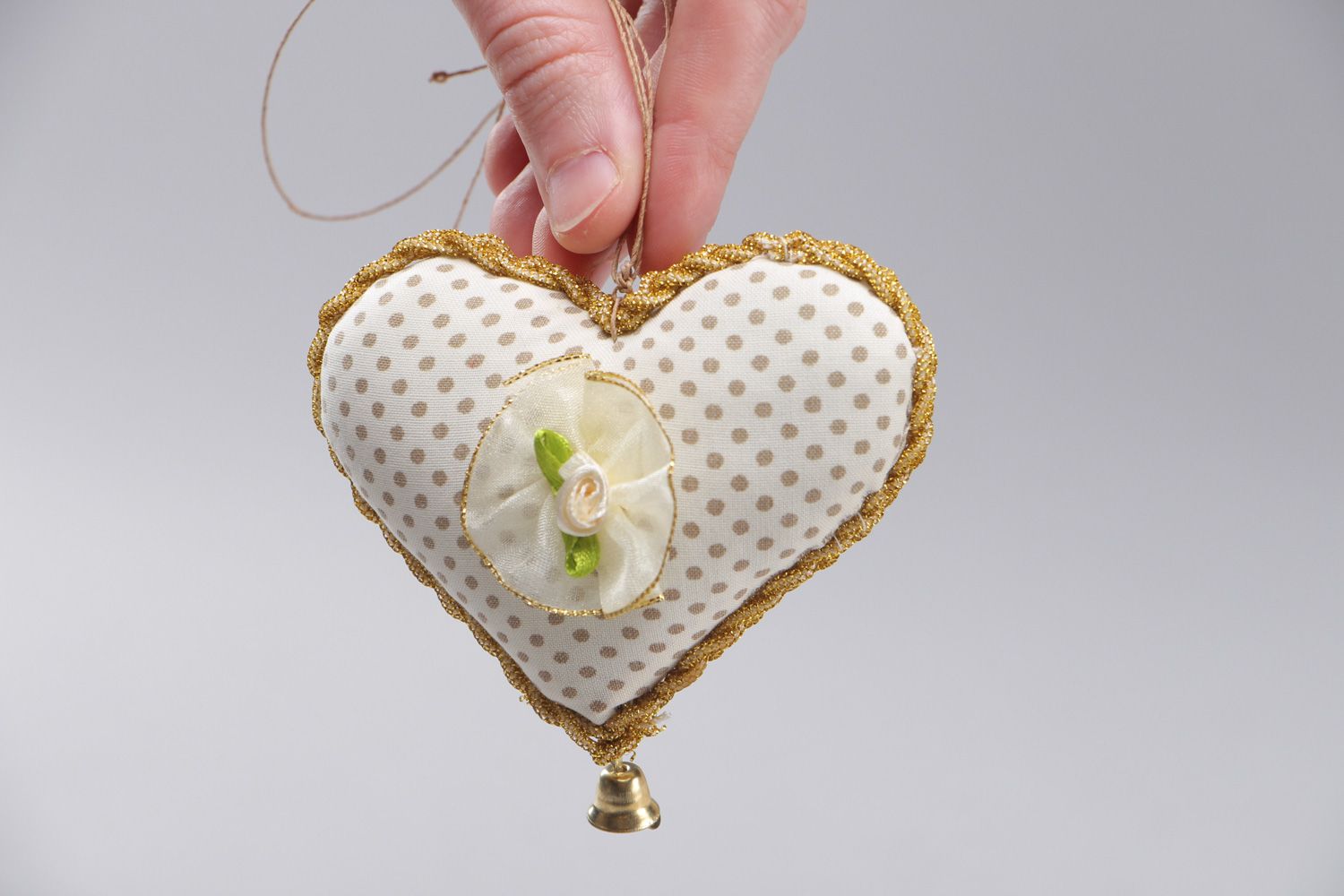 Handmade heart-shaped wall hanging sewn of polka dot fabric for interior decoration photo 4