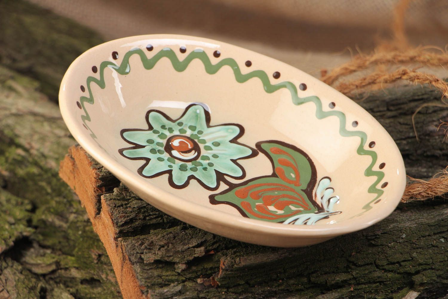 Handmade long ceramic bowl ornamented with colorful glaze ethnic kitchenware photo 1