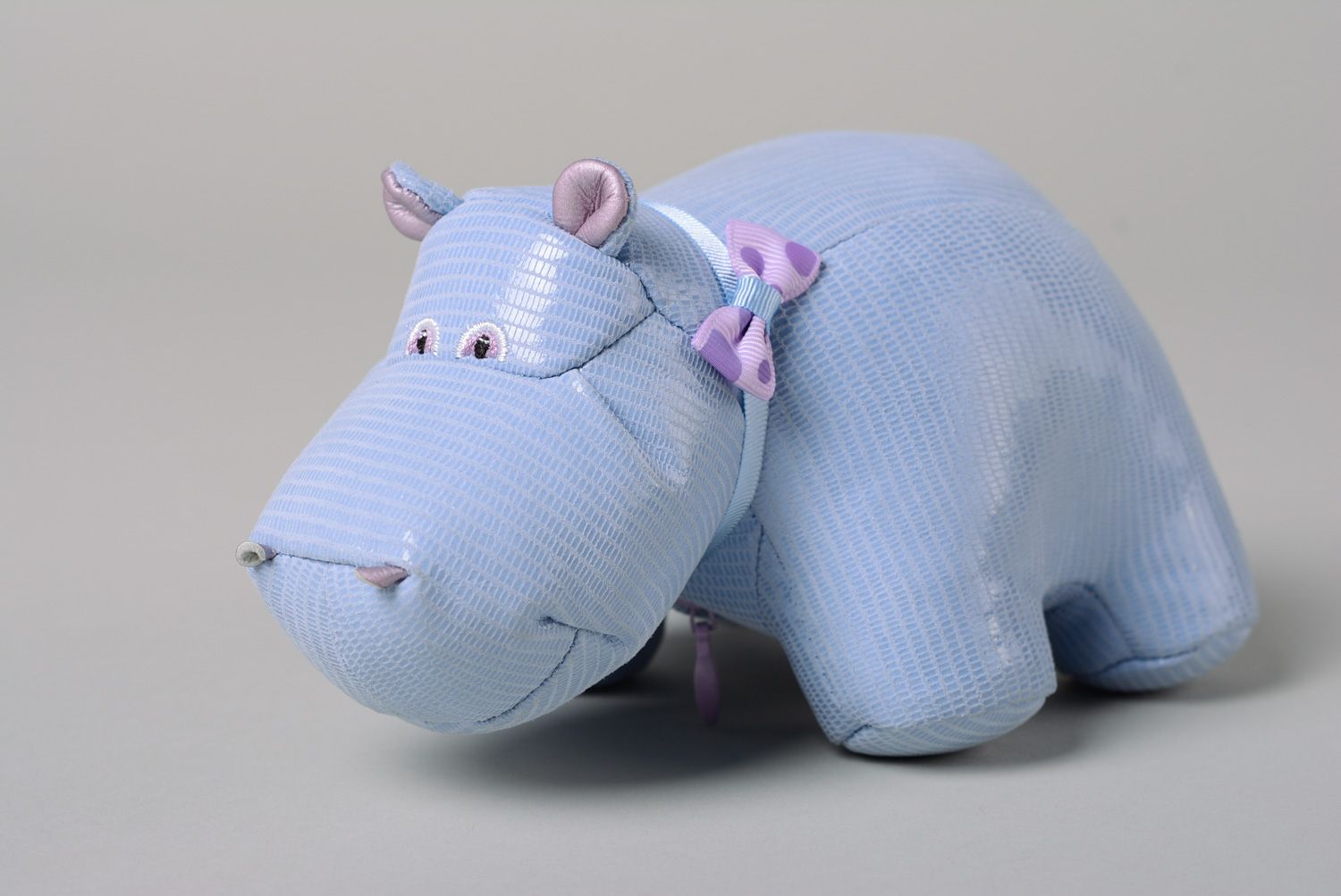 Handmade interior leather soft toy in the shape of hippo with pocket of blue color photo 1