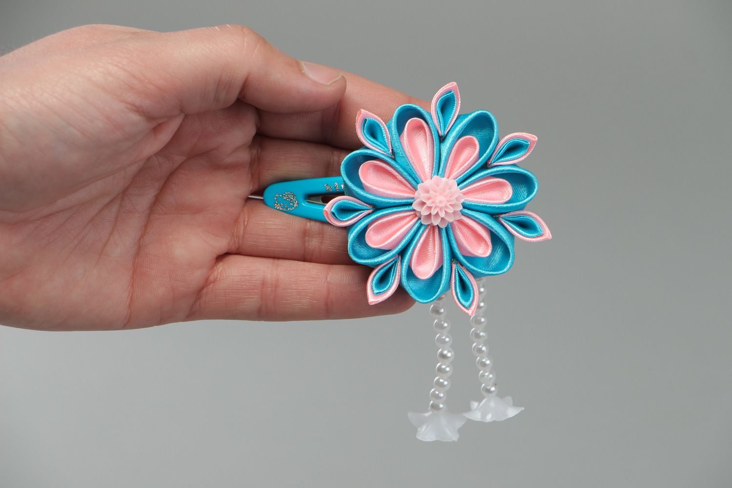 Tender handmade hair clip with pink and blue satin kanzashi flower with beads photo 4