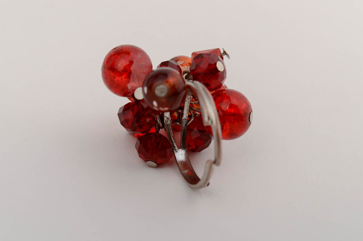 Handmade designer jewelry ring on metal basis with red glass and crystal beads photo 3