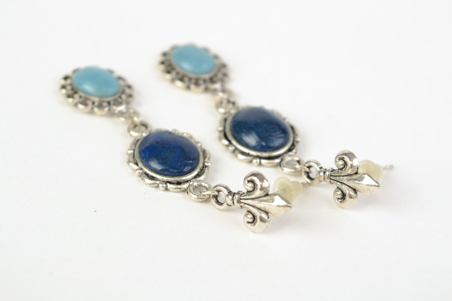 Handmade vintage polymer clay dangling earrings with metal basis in blue colors photo 3