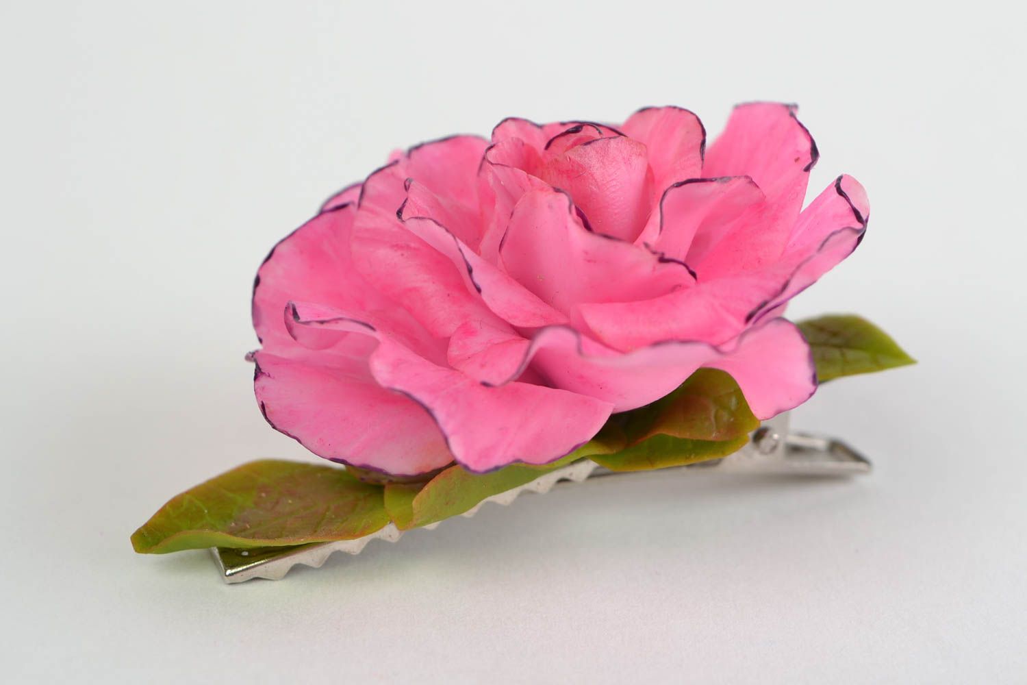 Festive handmade cold porcelain flower brooch hair clip Pink Rose photo 4