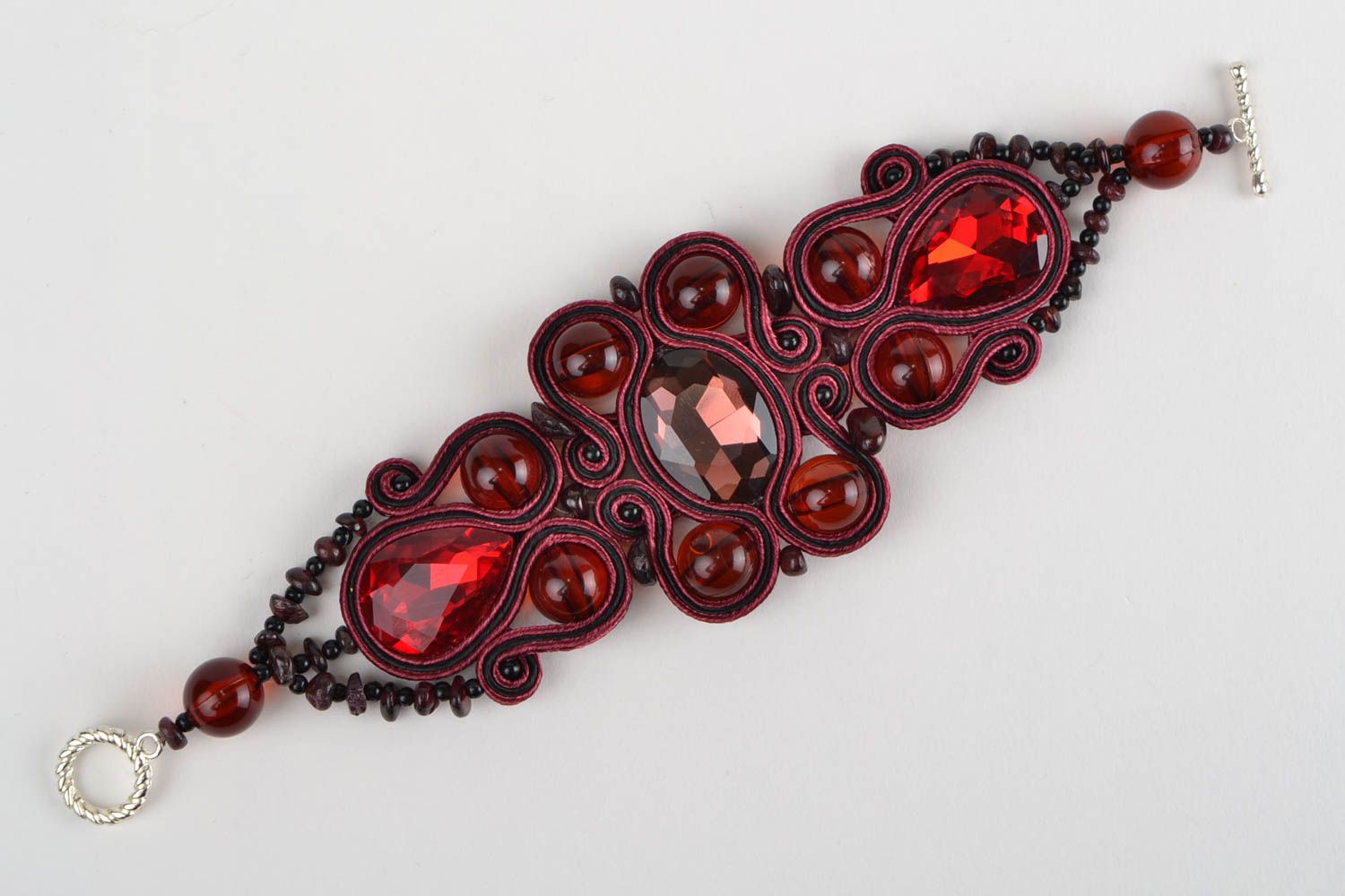 Beautiful dark red handmade soutache bracelet with natural stones photo 2