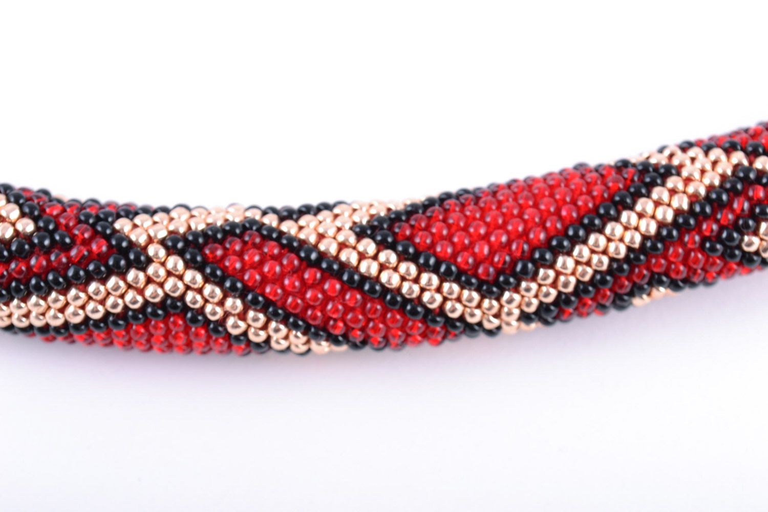 Handmade red Czech bead cord necklace with geometric patterns photo 3