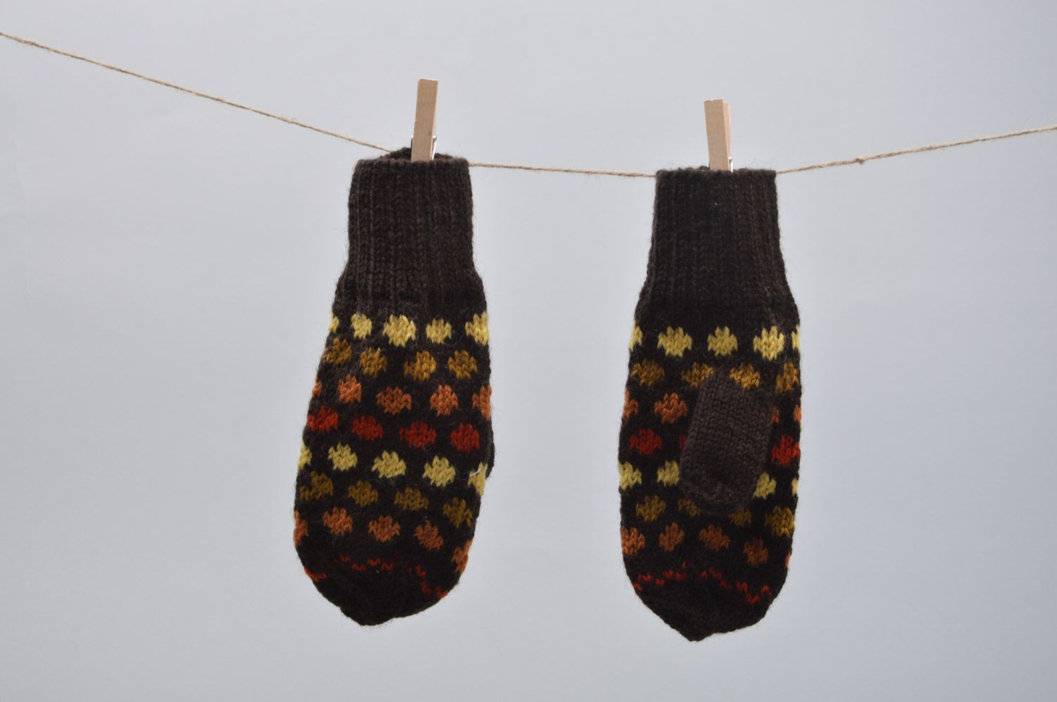 Handmade multi-colored woolen mittens with far isle ornaments for women photo 5